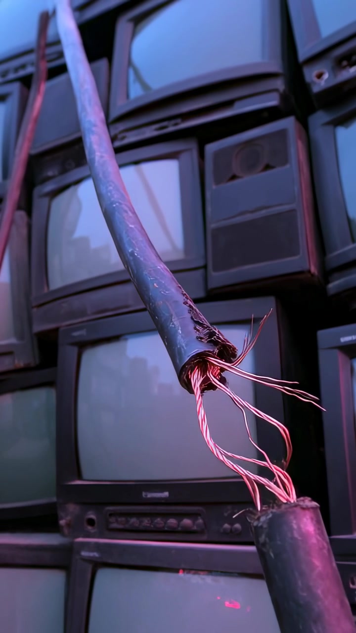 Vertical video: Camera moving closer, fraying black cable revealing copper wires before CRT TV wall