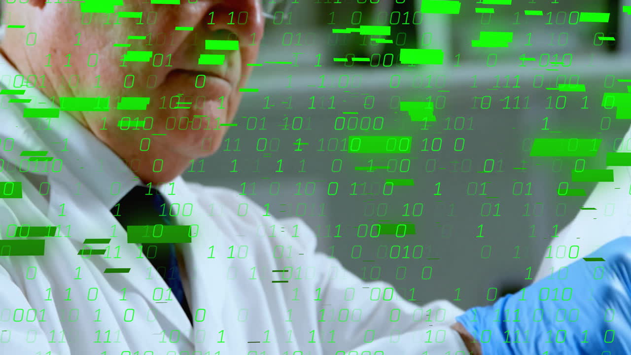 animación de codificación binaria y formas sobre científico caucásico haciendo un experimento en el laboratorio