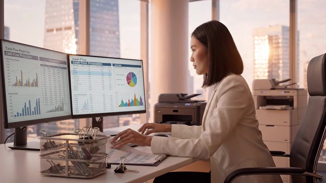 Pengusaha Wanita Profesional Menganalisis Data di Lingkungan Kantor Modern dengan Dua Monitor Menampilkan Grafik dan Laporan Keuangan Saat Matahari Terbenam