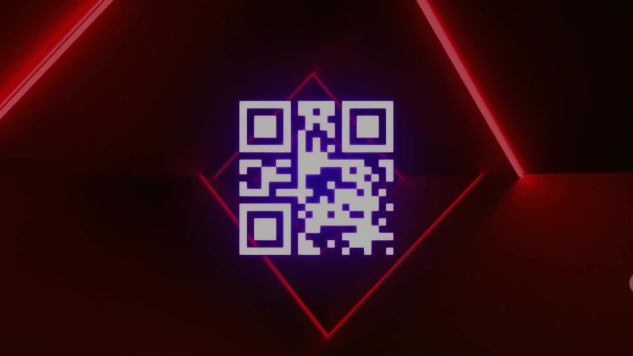 Animation of flickering qr code over neon stripes on black background