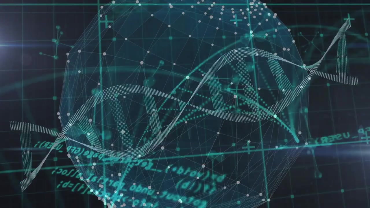 On start DNA helix undulating while wireframe globe rotating and nodes pulsing to show network data