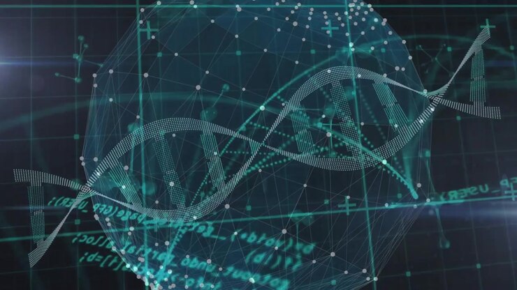On start DNA helix undulating while wireframe globe rotating and nodes pulsing to show network data