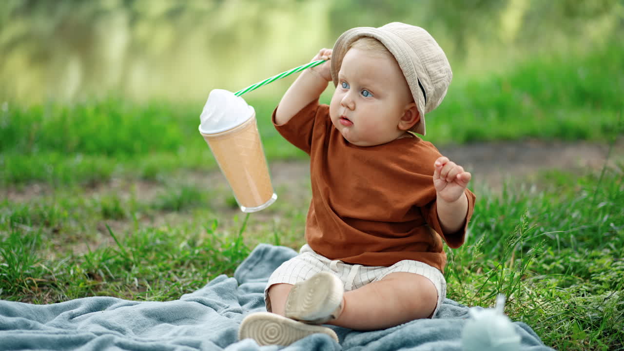 Sweet baby boy wearing a cap sits outdoors. Kid is lifting a cup with a straw and then pulls it to his mouth. Blurred backdrop.