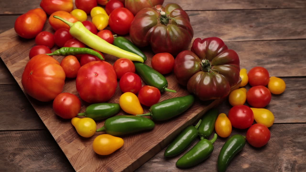 Flat Lay auf rustikalem, altem Palettenholz mit Cherokee Purple Tomate, Jalapeño-Pfeffer, roten und gelben Tomaten, Cayennepfeffer und gelbem Pfeffer auf einem Schneidebrett aus Hartholz.