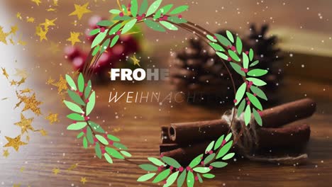 Animation-Of-Frohe-Weihnachten-Text-Over-Christmas-Decorations-On-Wooden-Background