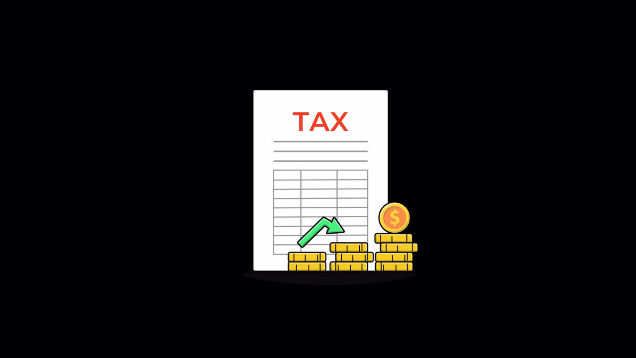 Documento fiscale animato con monete e grafico finanziario fluttuante.