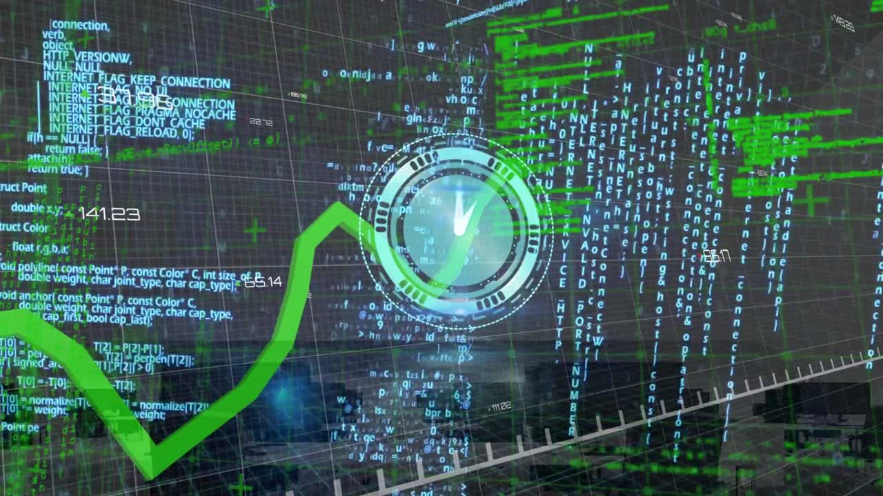 Animation of data processing and clock moving over office