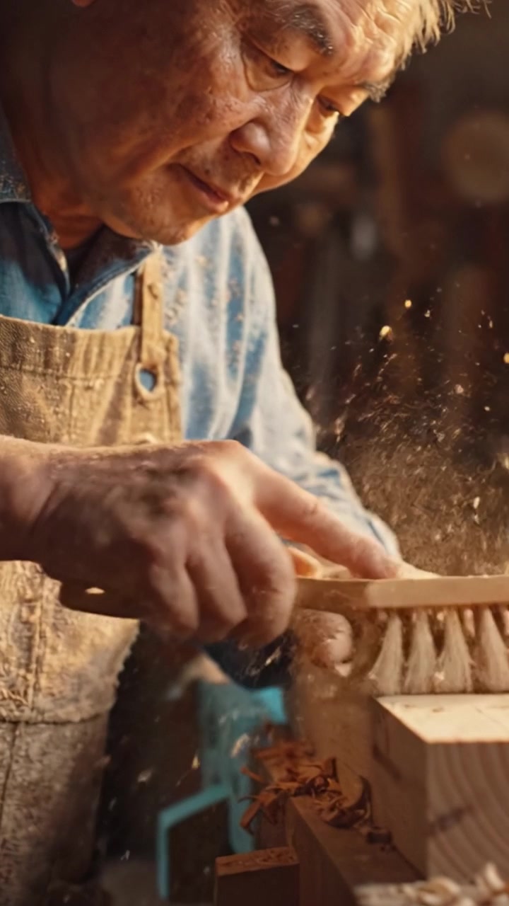 Skilled Craftsman Carving Wood in Workshop, Showcasing Precision and Artistry with Hand Tools Amidst Shavings and Sawdust in Rustic Atmosphere