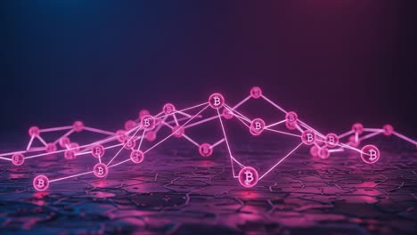 a glowing network of cryptocurrency nodes illustrating blockchain technology and digital transactions with vibrant pink and blue lighting effects