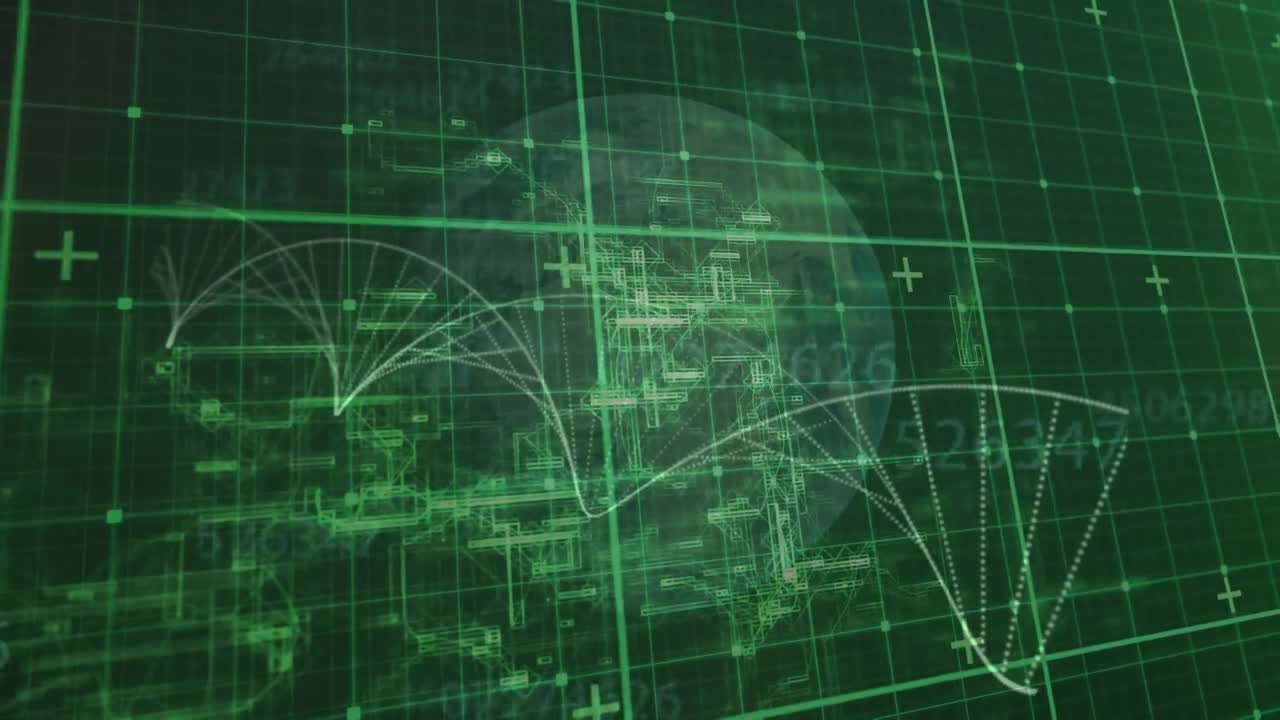 Animation of globe and particles forming helix over processing data on green grid