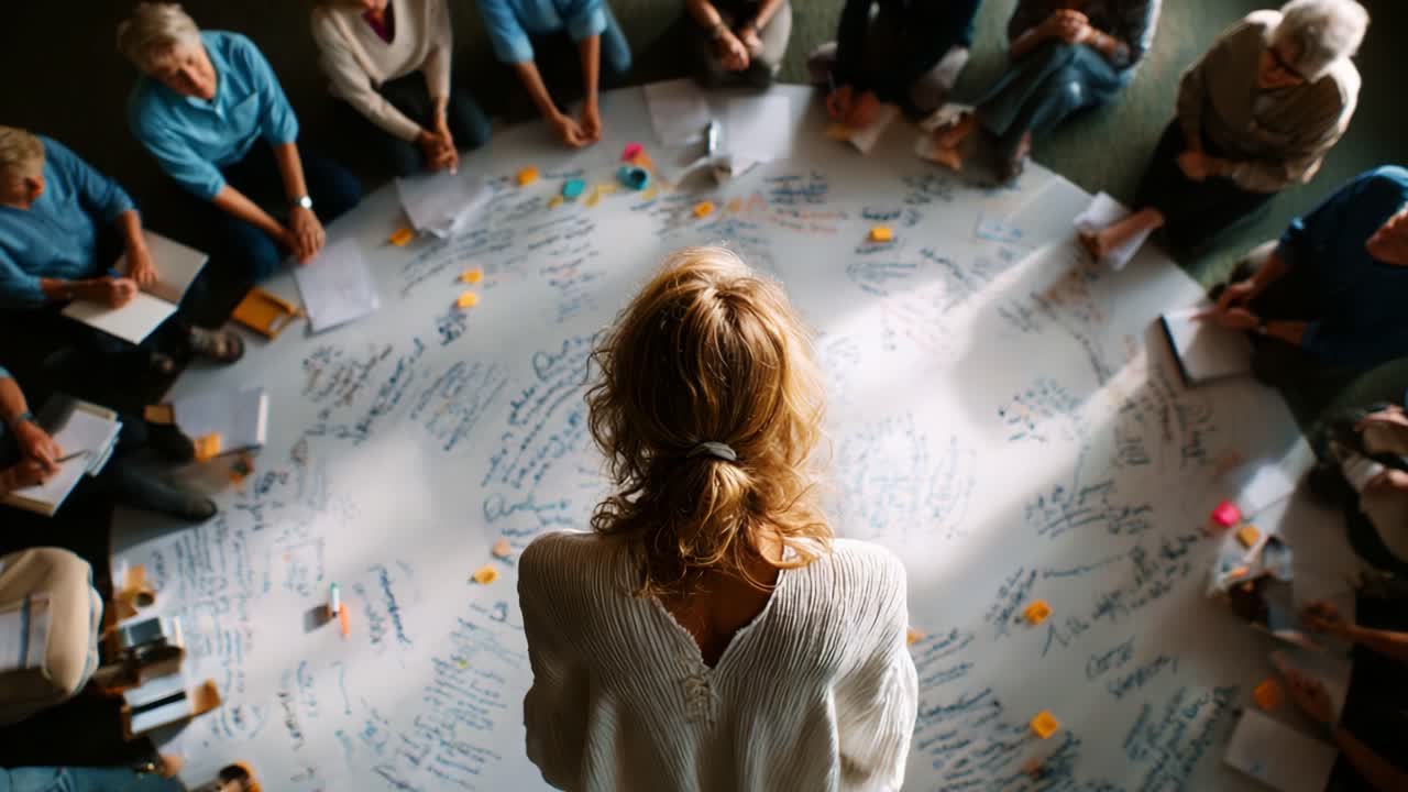 A group of participants gathered in a circle for a collective brainstorming session, surrounded by notes and ideas, fostering collaboration and creative thinking within a community setting