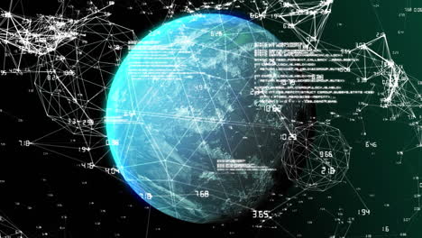 Animation of globe and network of connections with data processing on black background