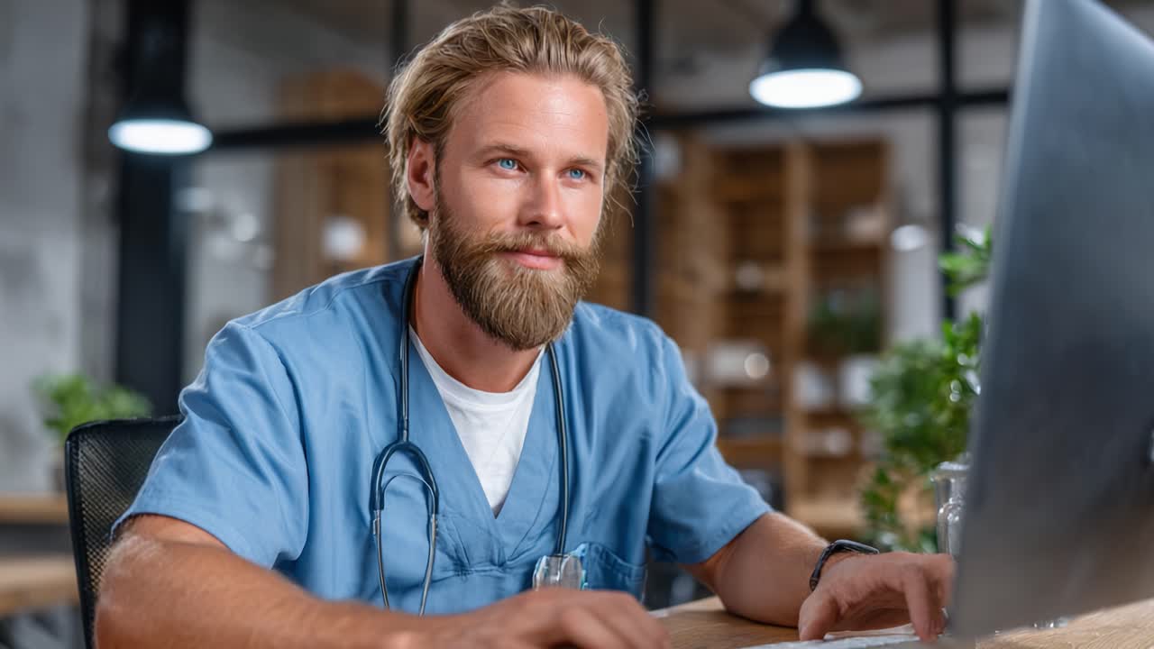 A focused healthcare professional in scrubs engages with technology at a modern workstation, exemplifying diligence and commitment to patient care in a digital age
