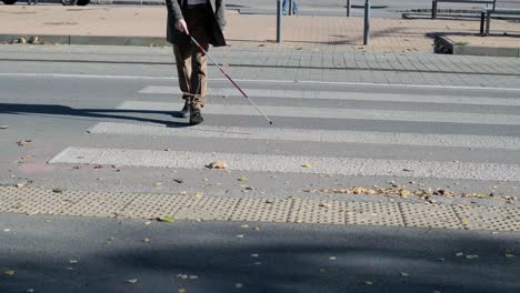 lone blind man detecting tactile tiles, walking to pedestrian crossing safe road