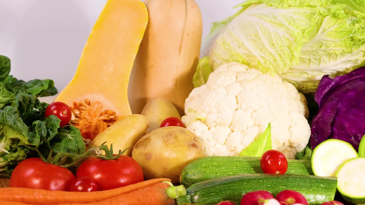 신선 한 채소 의 활기찬 혼합물 이 전시 되어 있다