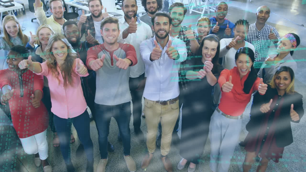 Animation of data processing over happy business people with thumbs up