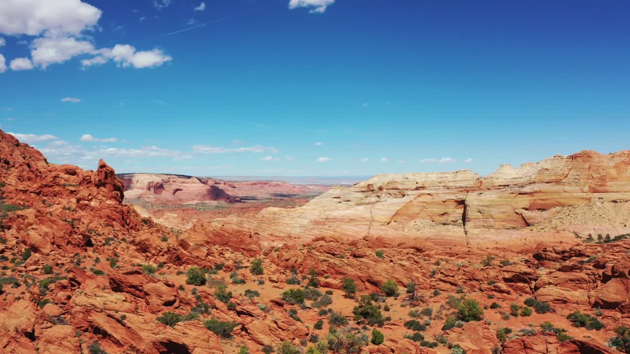 Ripresa cinematografica, vista aerea con drone delle aspre scogliere e del paesaggio desertico dello Utah vicino a Moab, USA