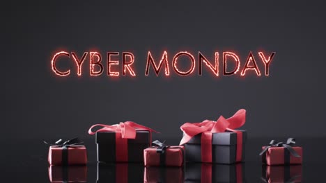 animation of cyber monday text over gift boxes