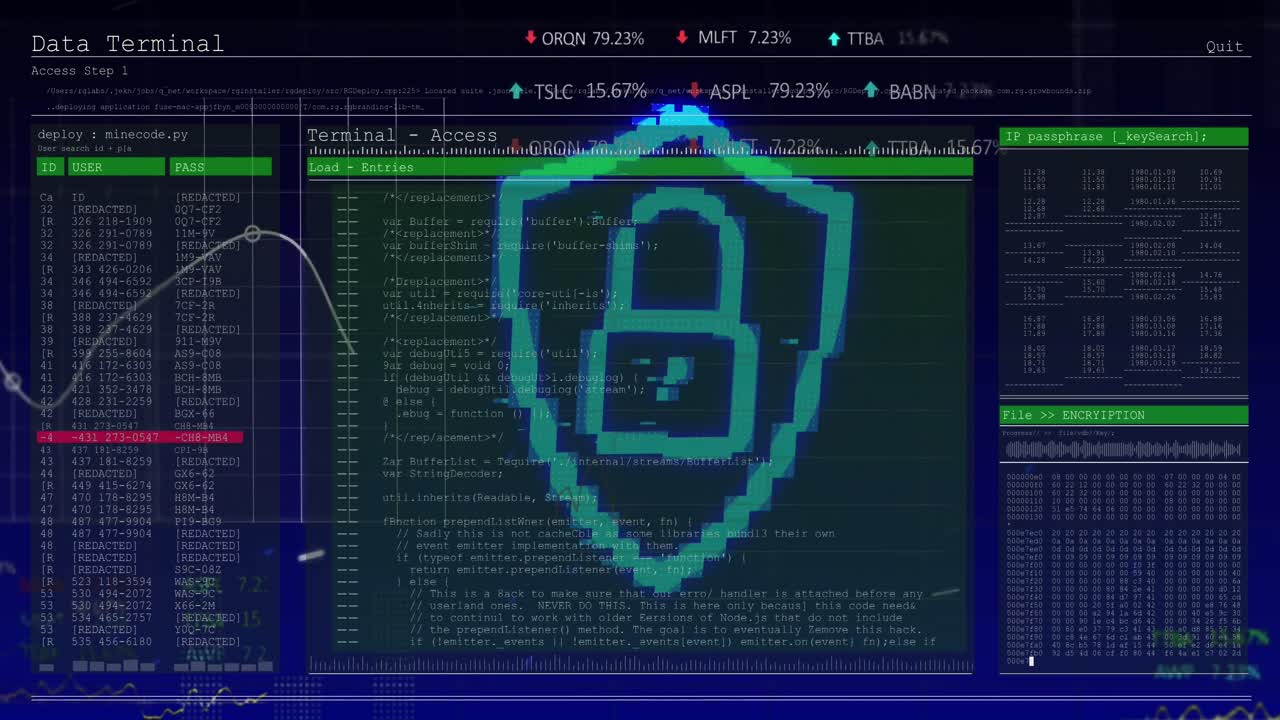 animación de un escudo digital con candado sobre el procesamiento de datos en una pantalla digital