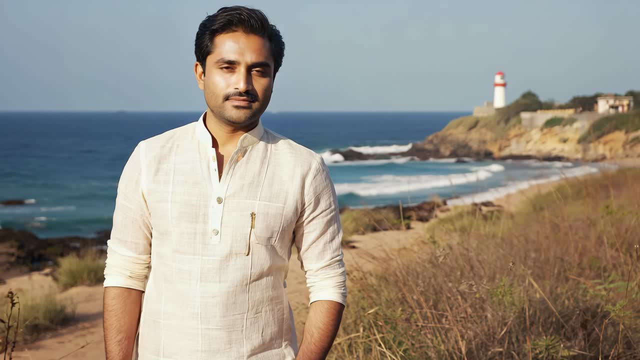 Young indian man wearing traditional kurta posing in a sunny beach with a lighthouse in the background, enjoying a relaxing moment in a beautiful natural landscape