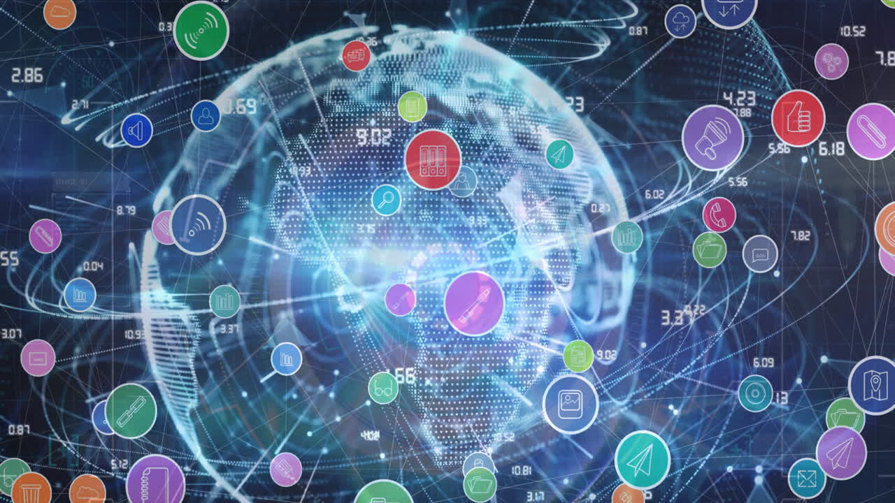 지구 위의 빛의 흔적에 대해 떠다니는 여러 디지털 아이콘의 디지털 애니메이션