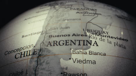 close-up of a world globe, focusing on south america