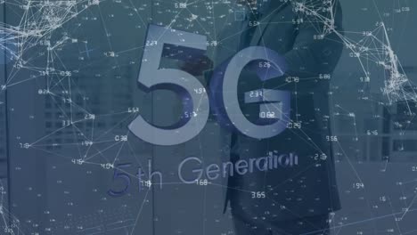 animation of connections with icons and 5g over caucasian man using smartwatch