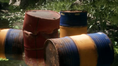 Rusty-barrels-in-green-forest