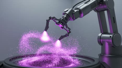 a robotic arm elegantly manipulating vibrant particles in a mesmerizing display of motion, creating stunning patterns and effects with a captivating purple hue