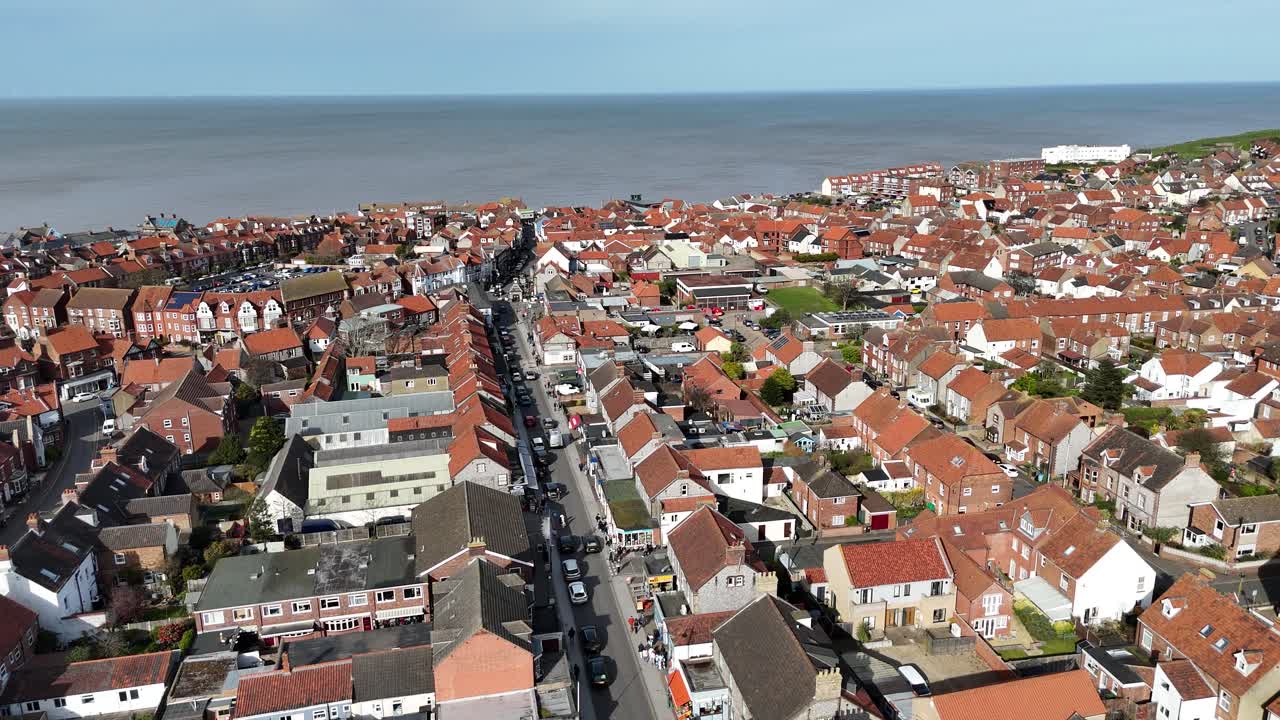 Sheringham high street Norfolk UK seaside town drone,aerial