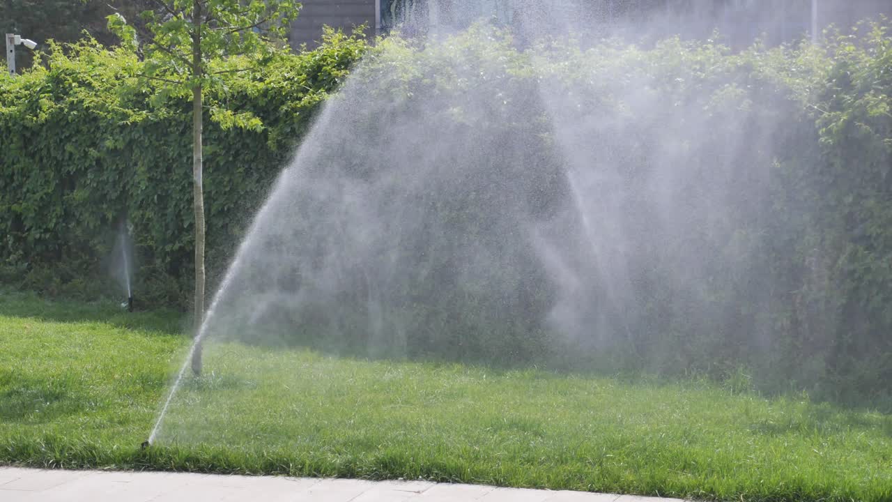 Automatic Sprinkler System Watering a Lawn