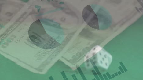 Animation-of-financial-data-processing-over-two-dice-and-american-dollar-bills-on-green-background