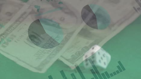 animación del procesamiento de datos financieros sobre dos dados y billetes de dólares estadounidenses en fondo verde