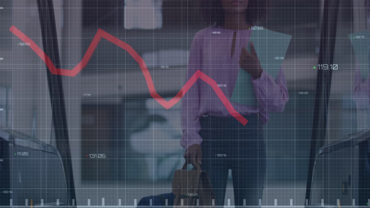 Animation of financial data and graphs over african american businessman on escalator