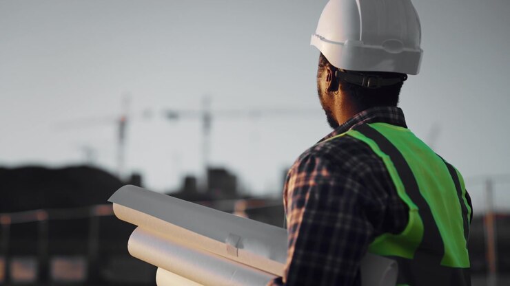 Construction Engineer Holding Blueprints at Building Site