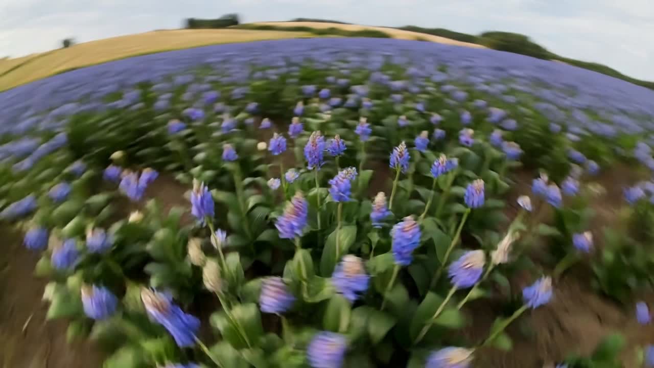 En operatør skubber et lavt fiskeøje-rig gennem lilla blomster, hvilket skaber sløring for at fremvise landbrugsmønstre.