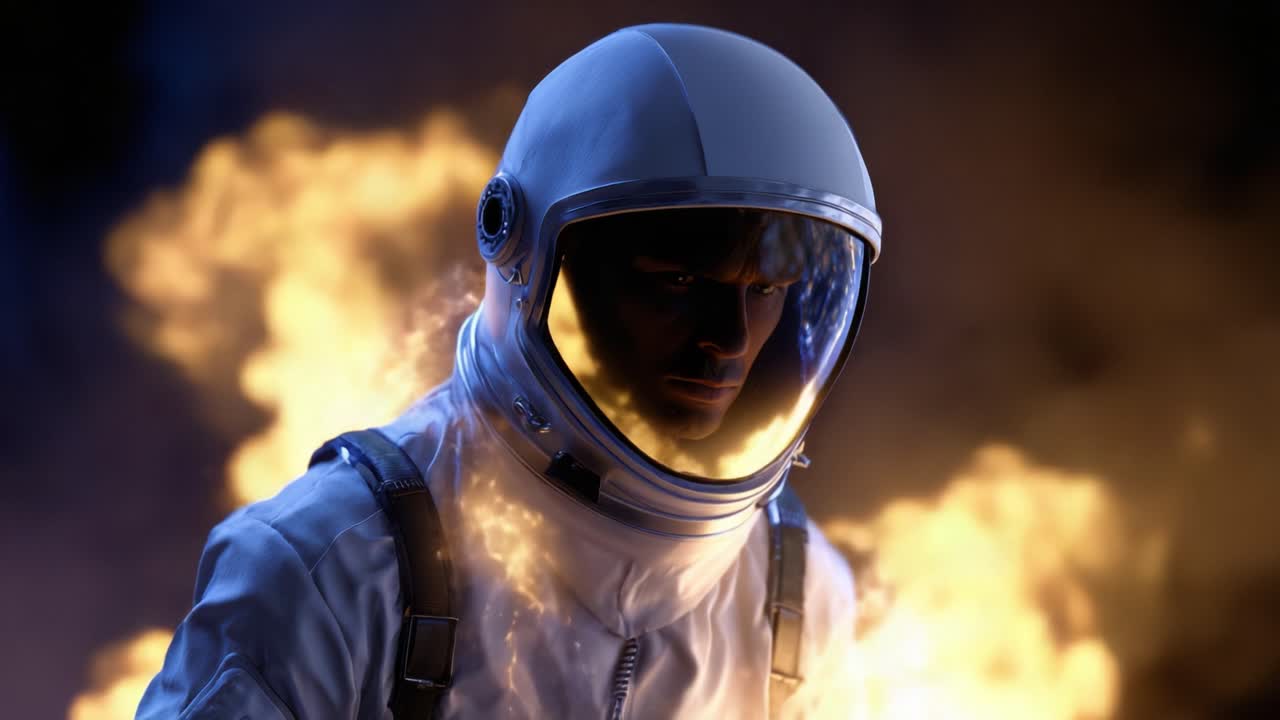 Astronauta otoczony ognistymi eksplozjami, ukazujący intensywność i dramatyzm eksploracji kosmosu na tle żywiołowego, płonącego środowiska.