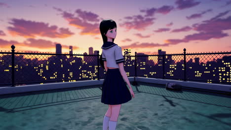 anime girl on rooftop at sunset