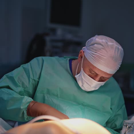 plastic surgery. surgeon in medical uniform and mask performing a surgery to a patient in the hospital. medical procedure for body lifting