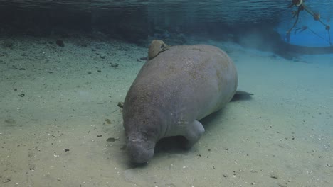 manatee rests near the sandy bottom of a freshwater spring while a suckerfish clings to its back