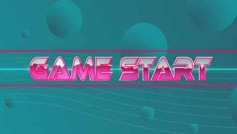 animation of game start text in pink metallic letters over blue spheres on blue background