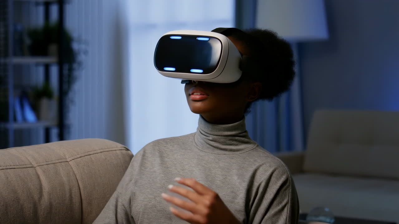 Woman enjoying an immersive virtual reality experience at home
