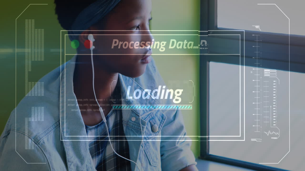 Animation of data processing on screen over woman using smartphone