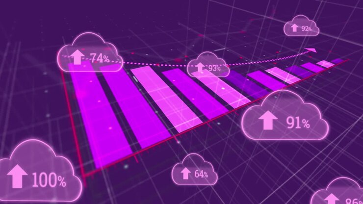 Animation of statistics recording and digital clouds with percent growing on purple background