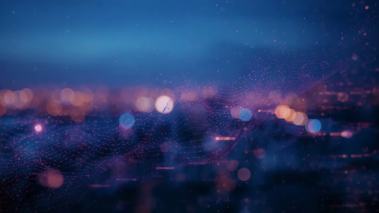 Emerging magenta dotted mesh rising from lower right across night city bokeh, showing particle flow