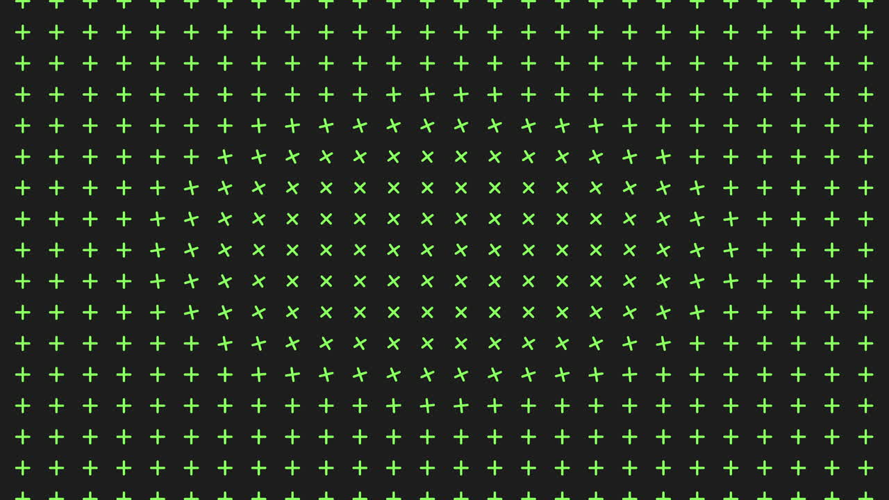 Abstract footage of a seamless grid of neon green plus signs on a dark background, ideal as a modern tech style motion background for titles, overlays, presentations and digital interfaces