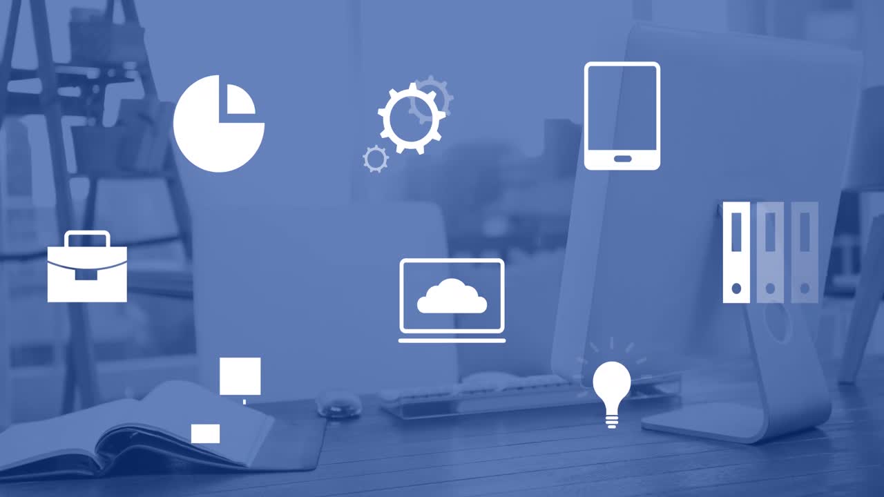 animación de iconos de negocios sobre el escritorio de la oficina con la computadora.