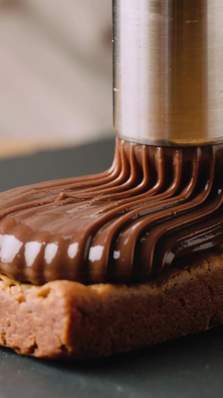 Video verticale: Ugello che scende estrudendo cioccolato su una barretta su ardesia, formando creste superiori lucide