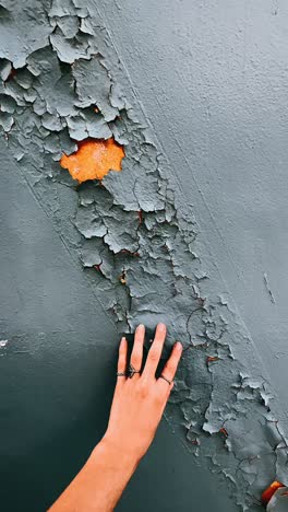 mano tocando una pared pintada agrietada y pelada