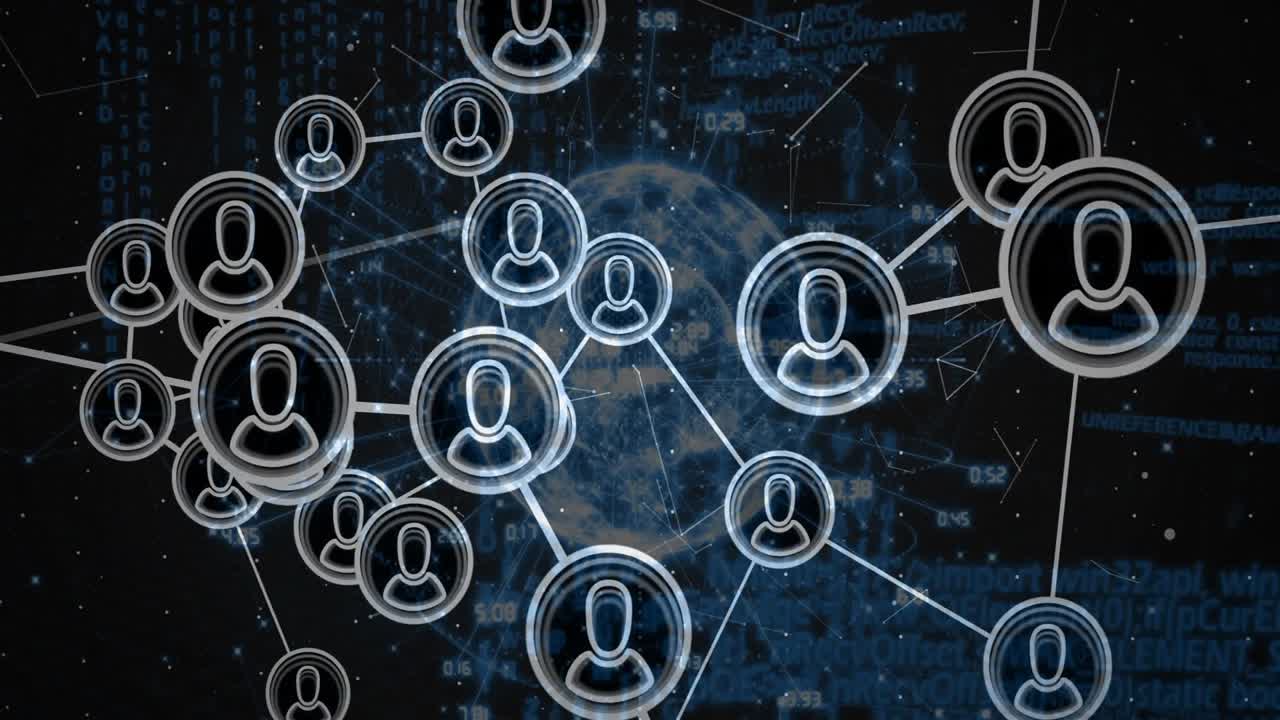 Circles drifting into view sparking clustering linking user icon nodes showing network around globe